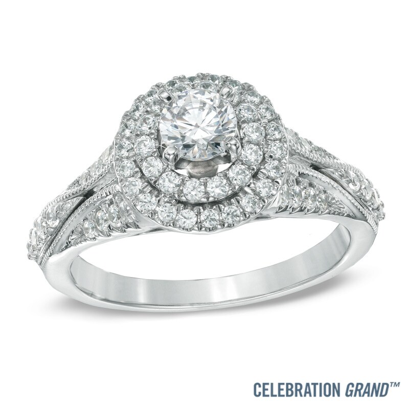 Main Image 1 of Previously Owned - Celebration Grand® 1 CT. T.W. Diamond Double Frame Engagement Ring in 14K White Gold (H-I/I1)