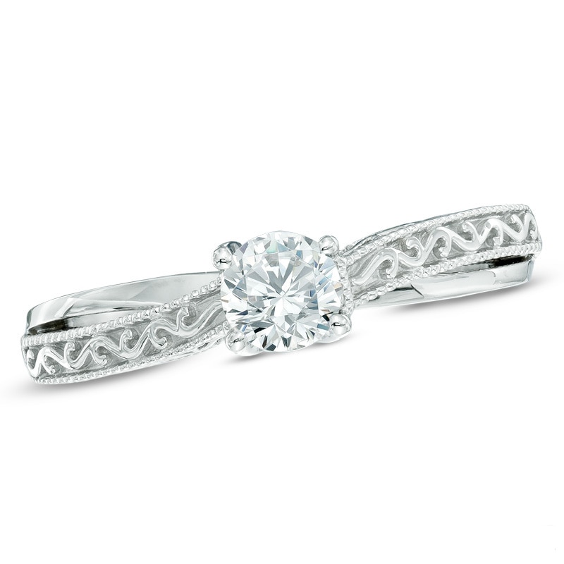 Main Image 1 of Previously Owned - Vera Wang Love Collection 1/2 CT. Diamond Solitaire Scroll Engagement Ring in 14K White Gold