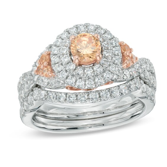 Previously Owned - 1-1/2 CT. T.w. Champagne and White Diamond Double Frame Bridal Set in 14K Two-Tone Gold