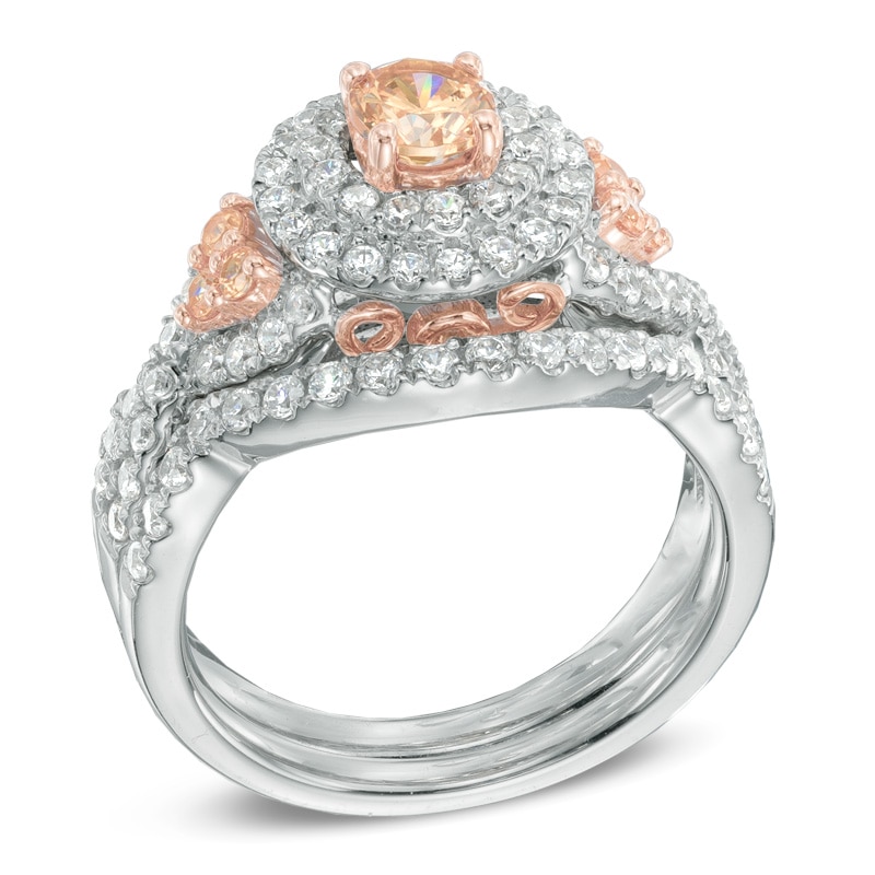 Main Image 2 of Previously Owned - 1-1/2 CT. T.W. Champagne and White Diamond Double Frame Bridal Set in 14K Two-Tone Gold