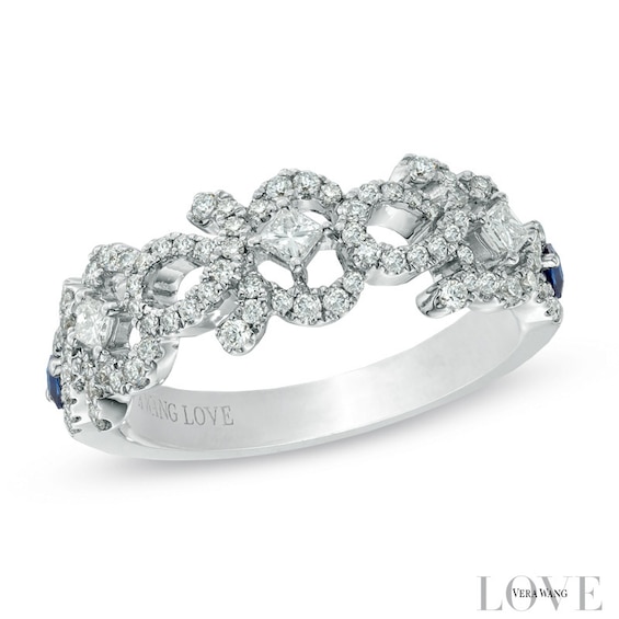 Previously Owned - Vera Wang Love Collection 1/2 CT. T.w. Diamond and Blue Sapphire Curlique Band in 14K White Gold