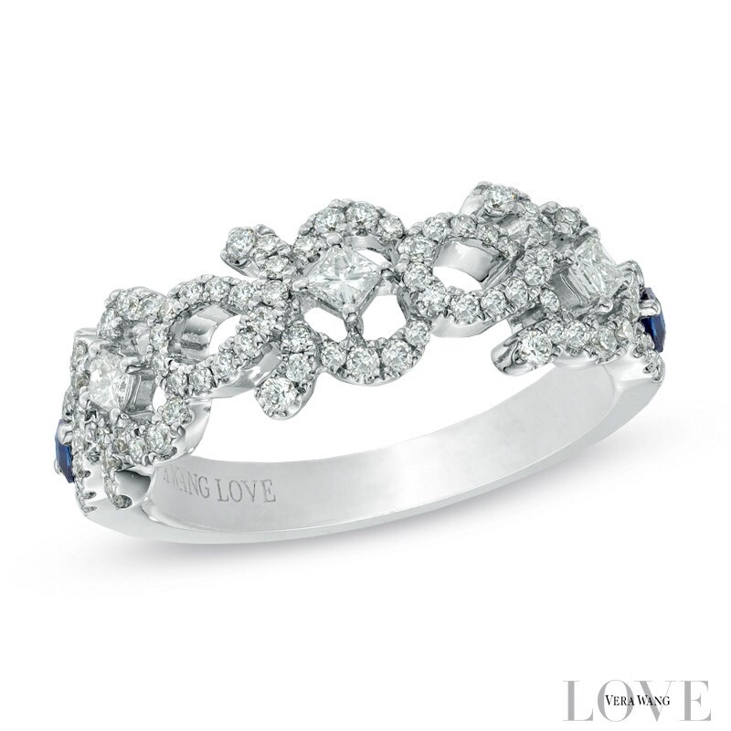 Main Image 1 of Previously Owned - Vera Wang Love Collection 1/2 CT. T.W. Diamond and Blue Sapphire Curlique Band in 14K White Gold