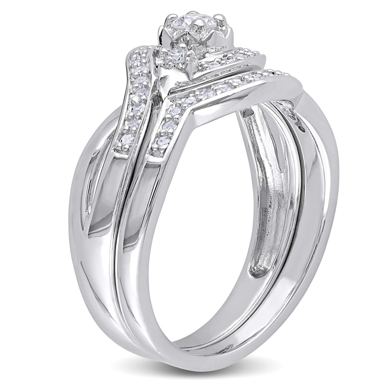 Main Image 2 of Previously Owned - 1/3 CT. T.W. Diamond Three Stone Slant Bridal Set in Sterling Silver