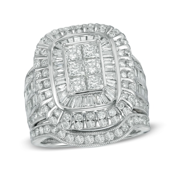 Previously Owned - 3 CT. T.w. Emerald-Shaped Multi-Diamond Layered Frame Bridal Set in 10K White Gold