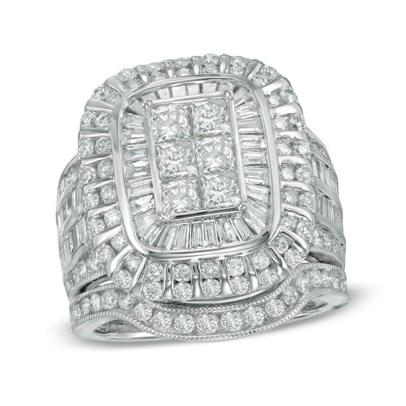 Main Image 1 of Previously Owned - 3 CT. T.W. Emerald-Shaped Multi-Diamond Layered Frame Bridal Set in 10K White Gold