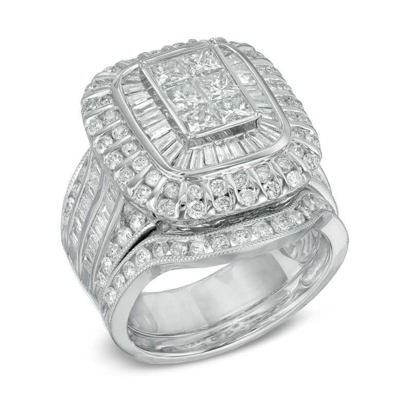 Main Image 2 of Previously Owned - 3 CT. T.W. Emerald-Shaped Multi-Diamond Layered Frame Bridal Set in 10K White Gold