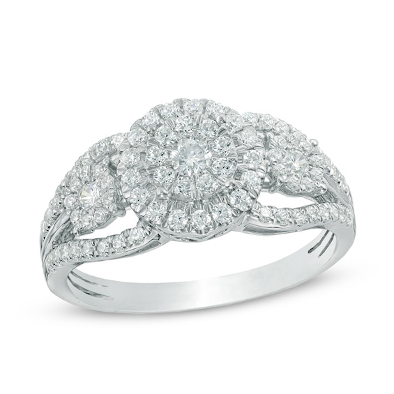 Previously Owned - 3/4 CT. T.w. Composite Diamond Frame Three Stone Engagement Ring in 10K White Gold