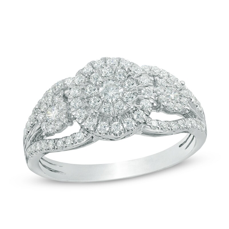Main Image 1 of Previously Owned - 3/4 CT. T.W. Composite Diamond Frame Three Stone Engagement Ring in 10K White Gold