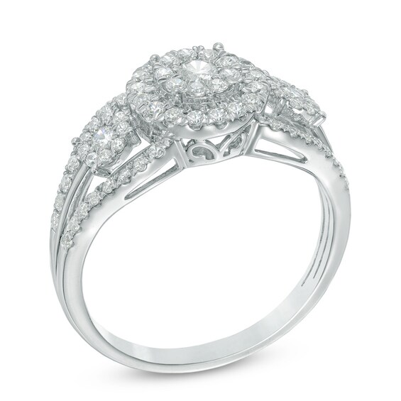 Previously Owned - 3/4 CT. T.w. Composite Diamond Frame Three Stone Engagement Ring in 10K White Gold