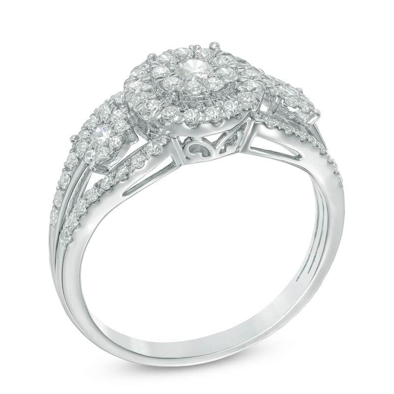 Main Image 2 of Previously Owned - 3/4 CT. T.W. Composite Diamond Frame Three Stone Engagement Ring in 10K White Gold