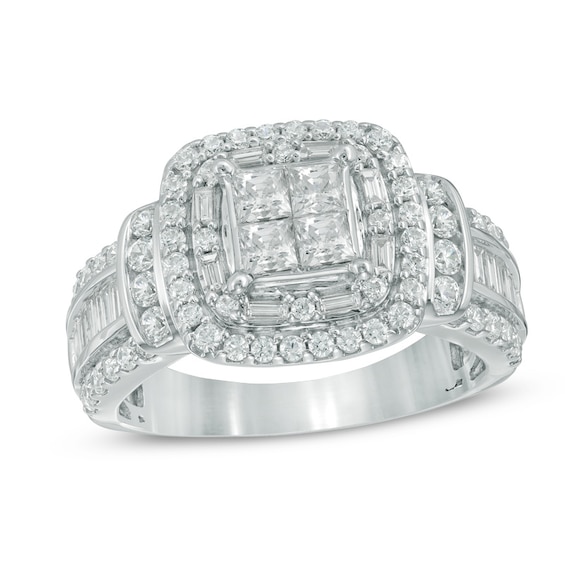 Previously Owned - 1-1/2 CT. T.w. Quad Diamond Cushion Frame Engagement Ring in 14K White Gold
