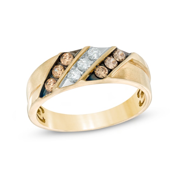 Previously Owned - 1/2 CT. T.w. Champagne and White Diamond Slanted Triple Row Band in 10K Gold