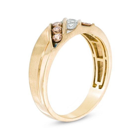 Previously Owned - 1/2 CT. T.w. Champagne and White Diamond Slanted Triple Row Band in 10K Gold