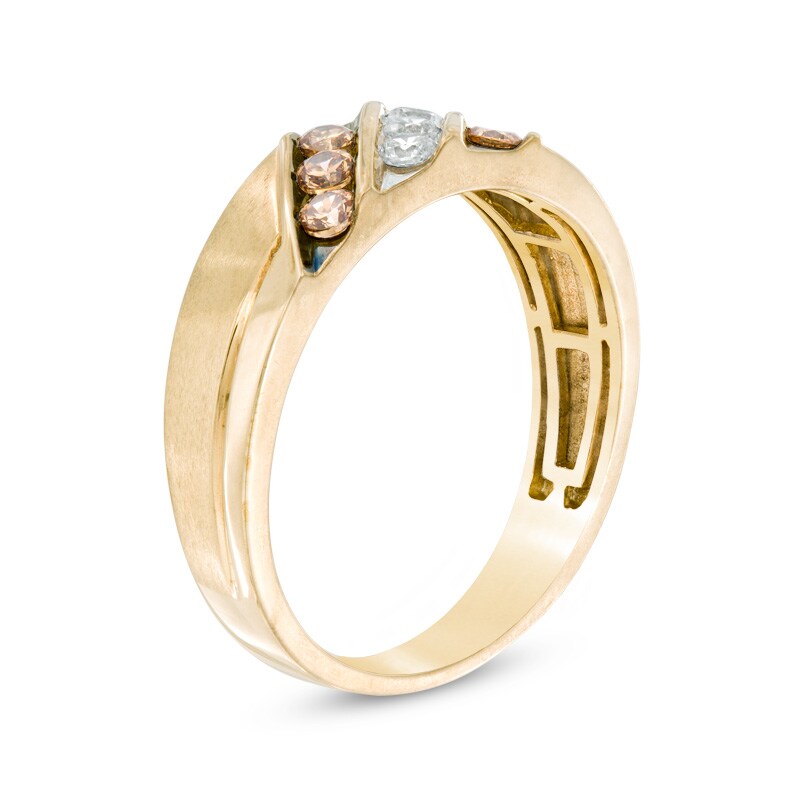 Main Image 2 of Previously Owned - 1/2 CT. T.W. Champagne and White Diamond Slanted Triple Row Band in 10K Gold