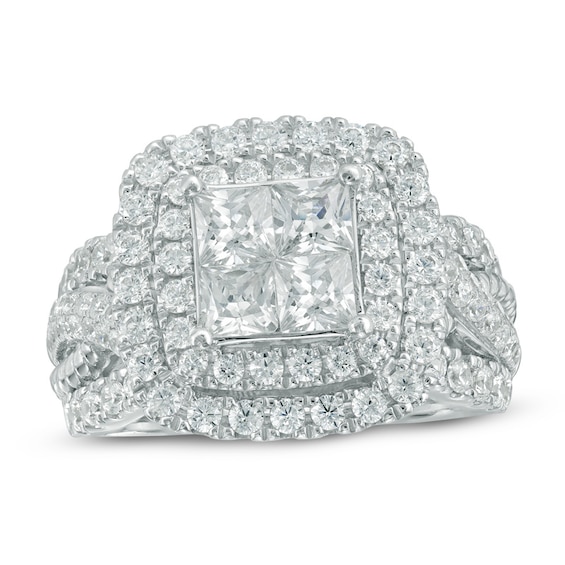 Previously Owned - 2-1/2 CT. T.w. Princess-Cut Quad Diamond Double Frame Engagement Ring in 14K White Gold