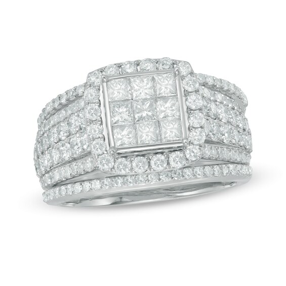 Previously Owned - 2 CT. T.w. Princess-Cut Composite Diamond Frame Multi-Row Three Piece Bridal Set in 10K White Gold