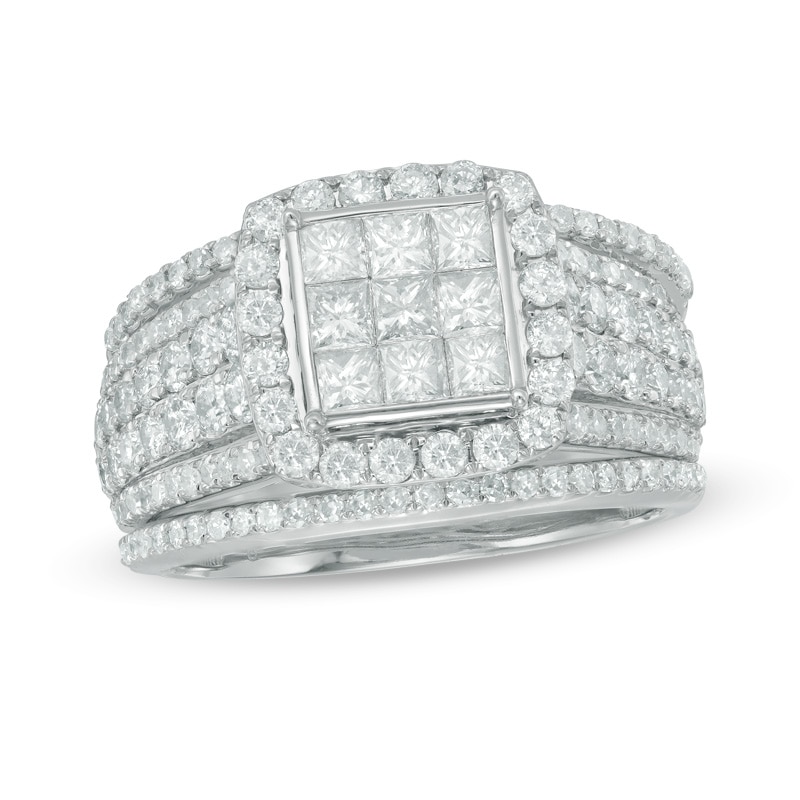 Main Image 1 of Previously Owned - 2 CT. T.W. Princess-Cut Composite Diamond Frame Multi-Row Three Piece Bridal Set in 10K White Gold