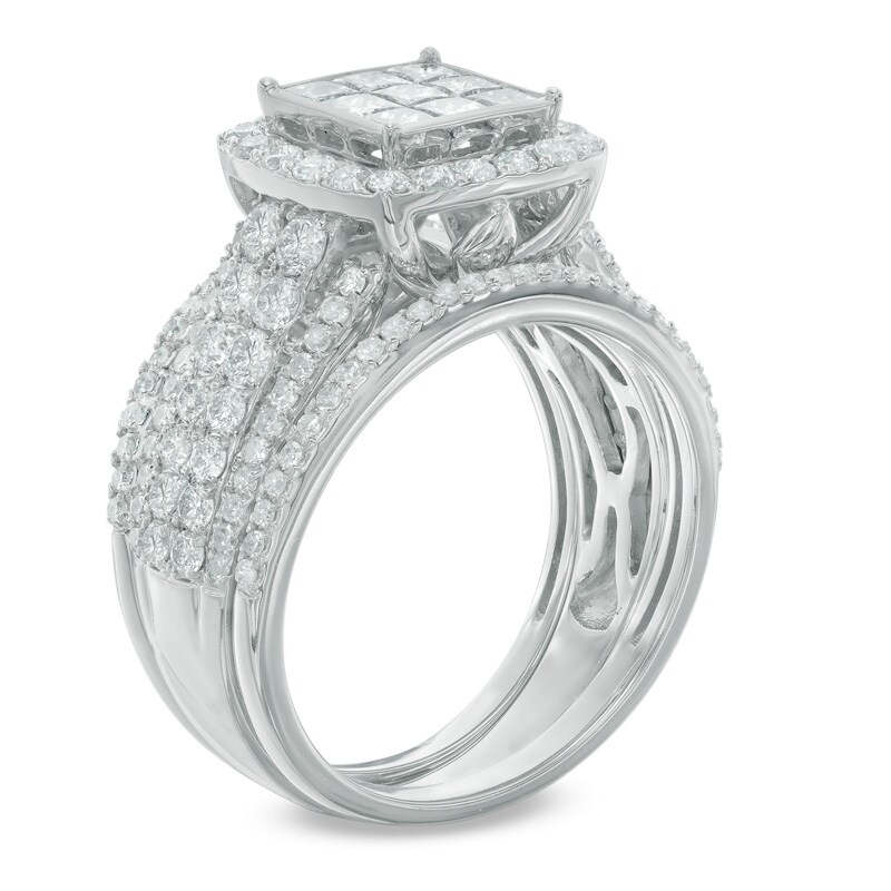 Main Image 2 of Previously Owned - 2 CT. T.W. Princess-Cut Composite Diamond Frame Multi-Row Three Piece Bridal Set in 10K White Gold