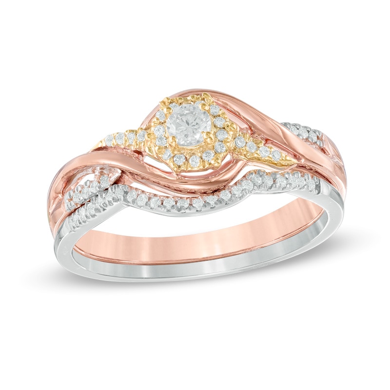 Main Image 1 of Previously Owned - 1/4 CT. T.W. Diamond Frame Swirl Bridal Set in 10K Tri-Tone Gold