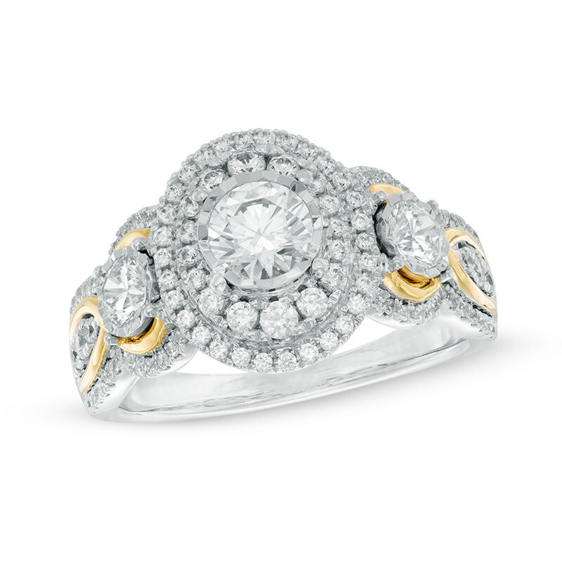 Main Image 1 of Previously Owned - 1-1/4 CT. T.W. Diamond Frame Past Present Future® Three Stone Engagement Ring in 14K Two-Tone Gold