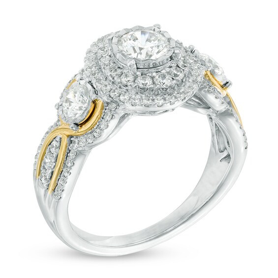 Previously Owned - 1-1/4 CT. T.w. Diamond Frame Past Present FutureÂ® Three Stone Engagement Ring in 14K Two-Tone Gold