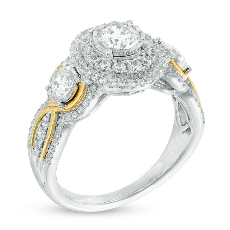 Main Image 2 of Previously Owned - 1-1/4 CT. T.W. Diamond Frame Past Present Future® Three Stone Engagement Ring in 14K Two-Tone Gold