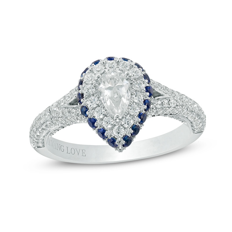 Main Image 1 of Previously Owned - Vera Wang Love Collection 1-1/5 CT. T.W. Diamond and Sapphire Frame Engagement Ring in 14K White Gold