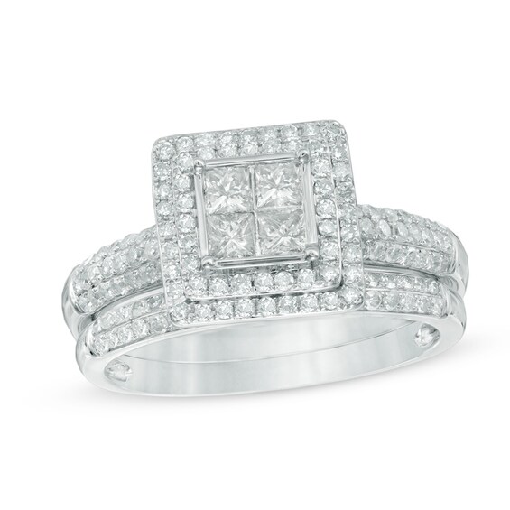 Previously Owned - 1 CT. T.w. Princess-Cut Quad Diamond Layered Frame Bridal Set in 10K White Gold
