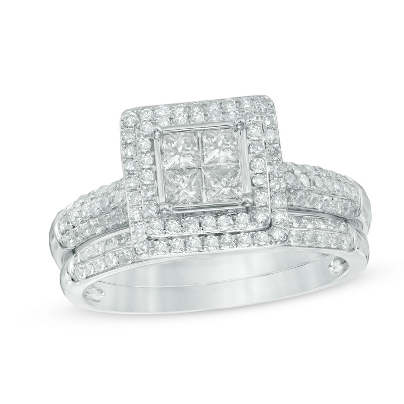 Main Image 1 of Previously Owned - 1 CT. T.W. Princess-Cut Quad Diamond Layered Frame Bridal Set in 10K White Gold