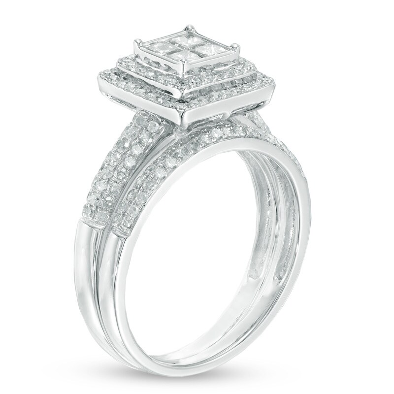 Main Image 2 of Previously Owned - 1 CT. T.W. Princess-Cut Quad Diamond Layered Frame Bridal Set in 10K White Gold