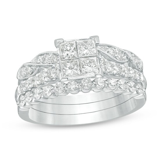 Previously Owned - 1-1/6 CT. T.w. Quad Princess-Cut Diamond Three Piece Bridal Set in 14K White Gold
