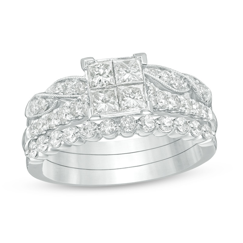 Main Image 1 of Previously Owned - 1-1/6 CT. T.W. Quad Princess-Cut Diamond Three Piece Bridal Set in 14K White Gold