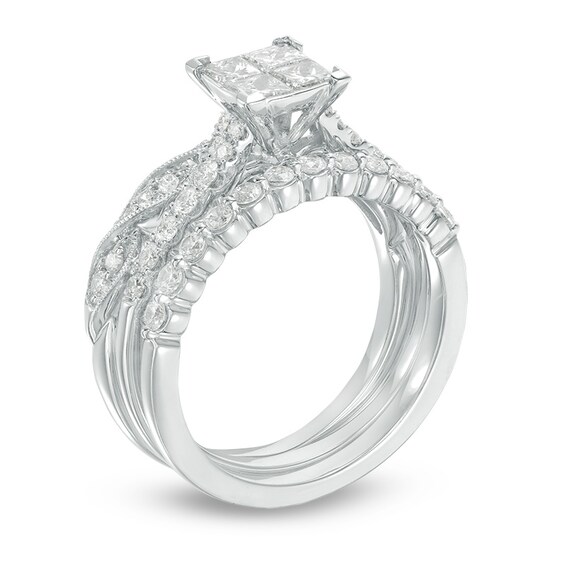 Previously Owned - 1-1/6 CT. T.w. Quad Princess-Cut Diamond Three Piece Bridal Set in 14K White Gold
