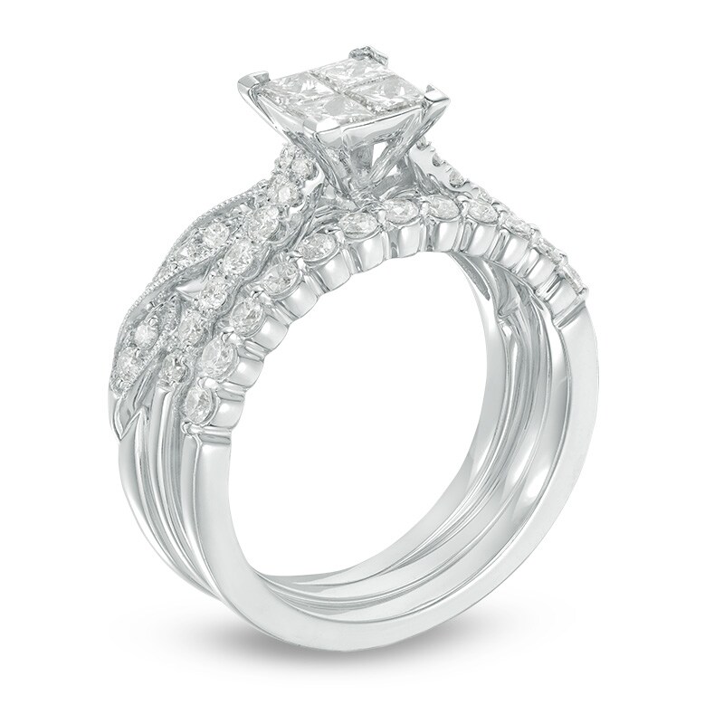 Main Image 2 of Previously Owned - 1-1/6 CT. T.W. Quad Princess-Cut Diamond Three Piece Bridal Set in 14K White Gold