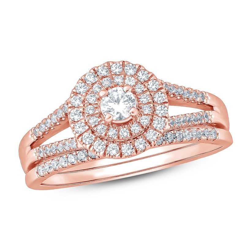 Main Image 1 of Previously Owned - 1/2 CT. T.W. Diamond Double Frame Bridal Set in 10K Rose Gold