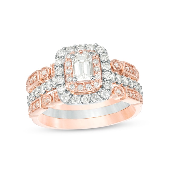 Previously Owned - 1 CT. T.w. Emerald-Cut Diamond Frame Art Deco Style Three Piece Bridal Set in 14K Two-Tone Gold