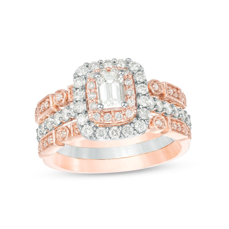 Main Image 1 of Previously Owned - 1 CT. T.W. Emerald-Cut Diamond Frame Art Deco Style Three Piece Bridal Set in 14K Two-Tone Gold