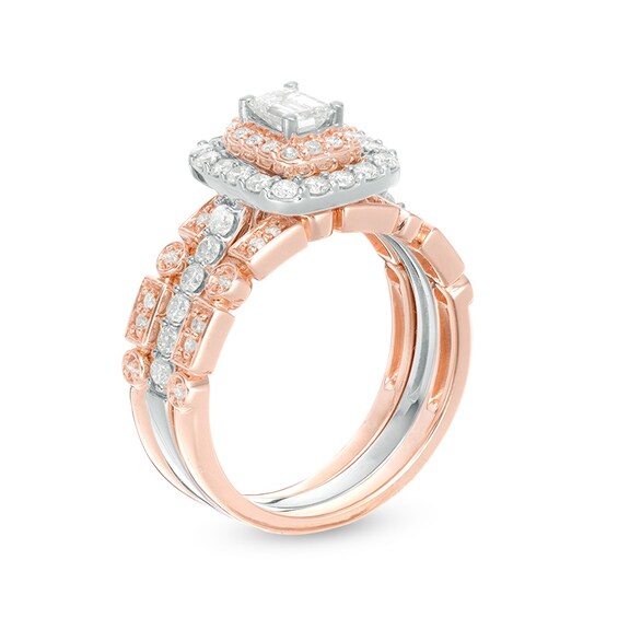 Previously Owned - 1 CT. T.w. Emerald-Cut Diamond Frame Art Deco Style Three Piece Bridal Set in 14K Two-Tone Gold