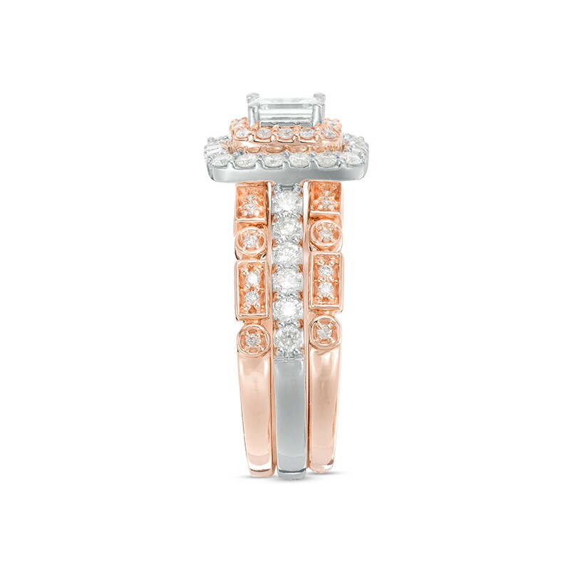 Main Image 3 of Previously Owned - 1 CT. T.W. Emerald-Cut Diamond Frame Art Deco Style Three Piece Bridal Set in 14K Two-Tone Gold