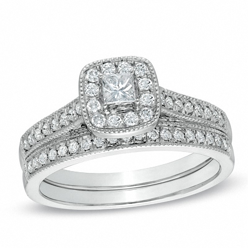 Main Image 1 of Previously Owned - 1/2 CT. T.W. Princess-Cut Diamond Vintage-Style Bridal Set in 10K White Gold