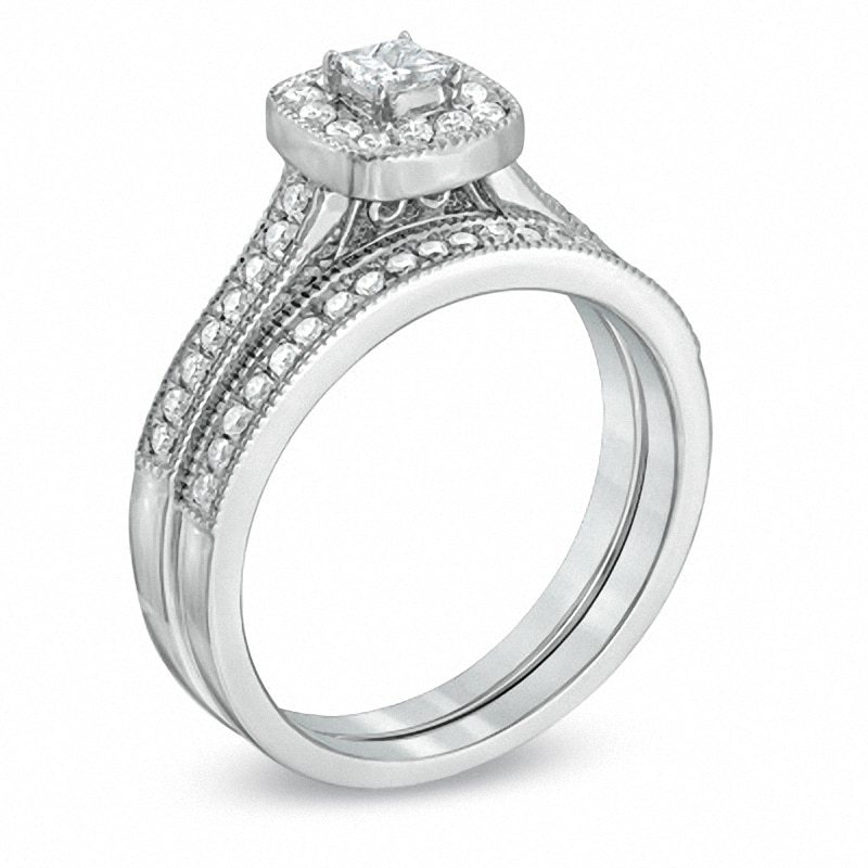 Main Image 2 of Previously Owned - 1/2 CT. T.W. Princess-Cut Diamond Vintage-Style Bridal Set in 10K White Gold