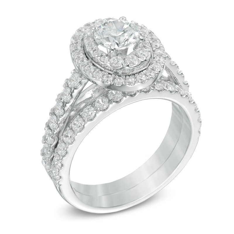 Main Image 2 of Previously Owned - 2 CT. T.W. Diamond Oval Frame Bridal Set in 14K White Gold