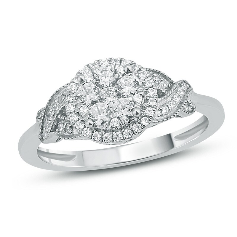 Main Image 1 of Previously Owned - 1/2 CT. T.W. Composite Diamond Frame Twist Engagement Ring in 10K White Gold