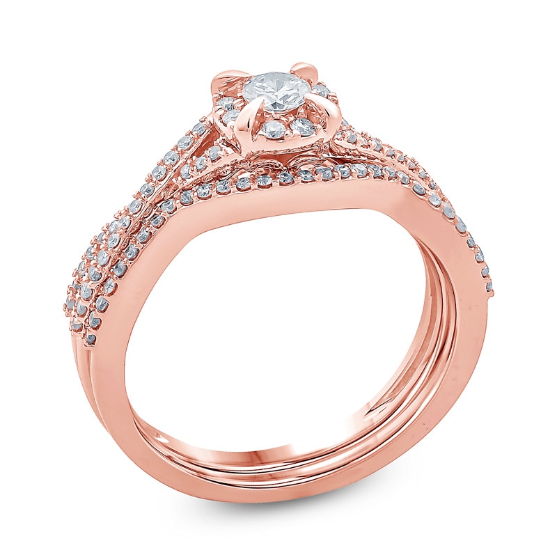 Main Image 2 of Previously Owned - 1/2 CT. T.W. Diamond Frame Twist Bridal Set in 14K Rose Gold