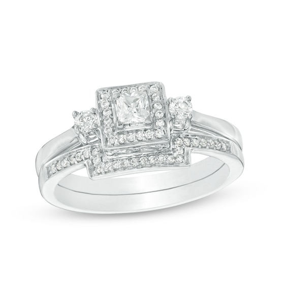 Previously Owned - 1/3 CT. T.w. Princess-Cut Diamond Three Stone Frame Bridal Set in 10K White Gold