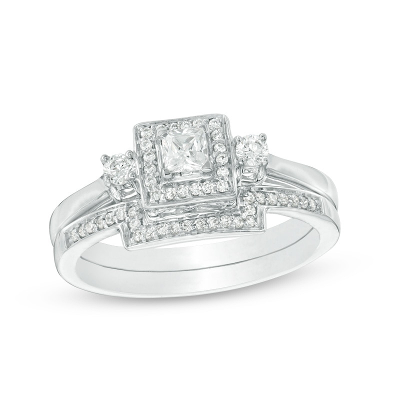 Main Image 1 of Previously Owned - 1/3 CT. T.W. Princess-Cut Diamond Three Stone Frame Bridal Set in 10K White Gold