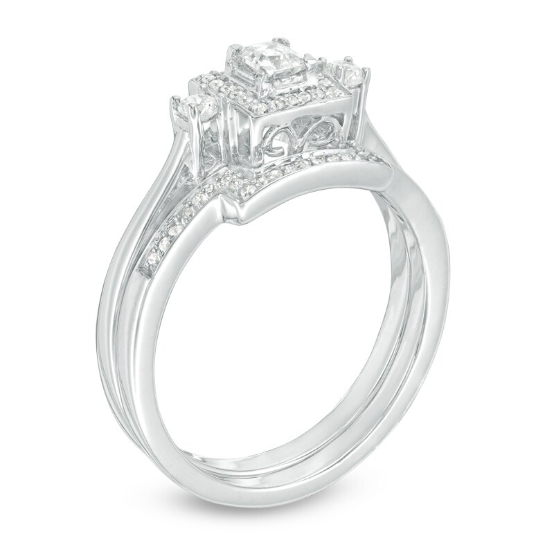 Main Image 2 of Previously Owned - 1/3 CT. T.W. Princess-Cut Diamond Three Stone Frame Bridal Set in 10K White Gold