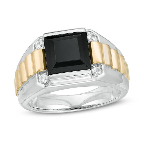 Previously Owned - Onyx and White Lab-Created Sapphire Ribbed Shank Ring in Sterling Silver and 14K Gold Plate