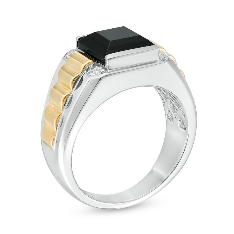 Main Image 2 of Previously Owned - Men's Onyx and White Lab-Created Sapphire Ribbed Shank Ring in Sterling Silver and 14K Gold Plate