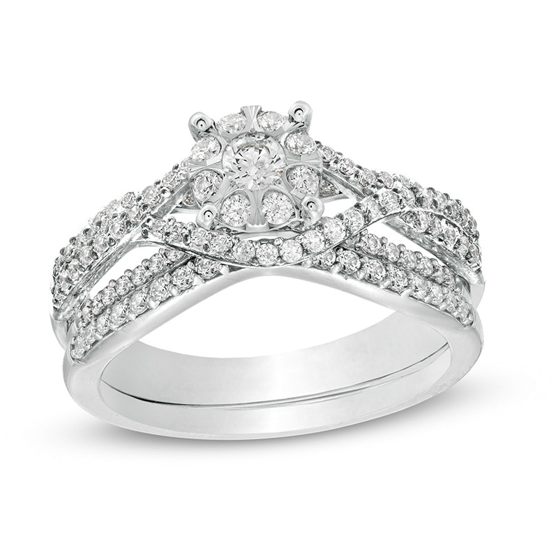 Main Image 1 of Previously Owned - 3/4 CT. T.W. Composite Diamond Twist Shank Bridal Set in 10K White Gold